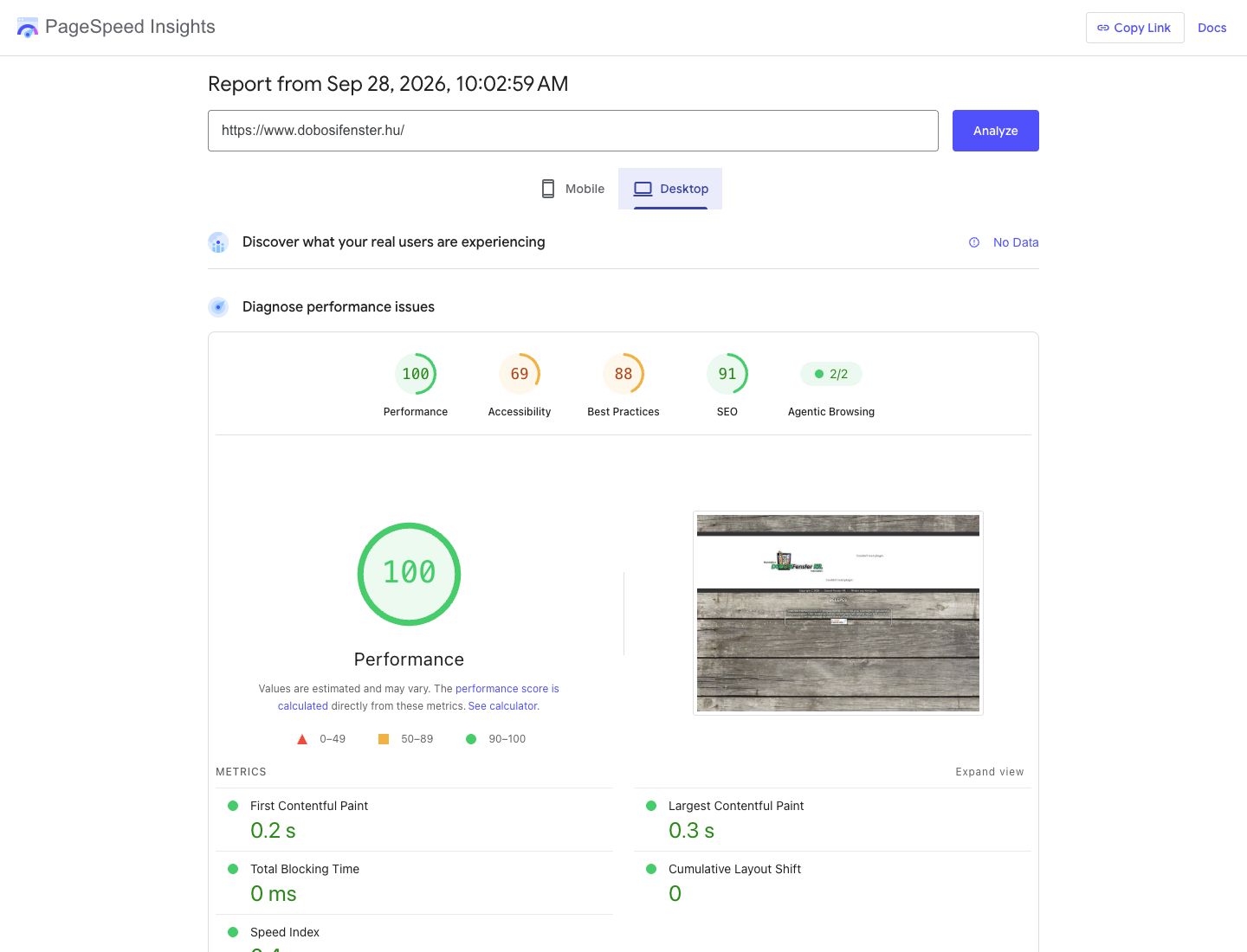 Eredeti asztali PageSpeed mérés