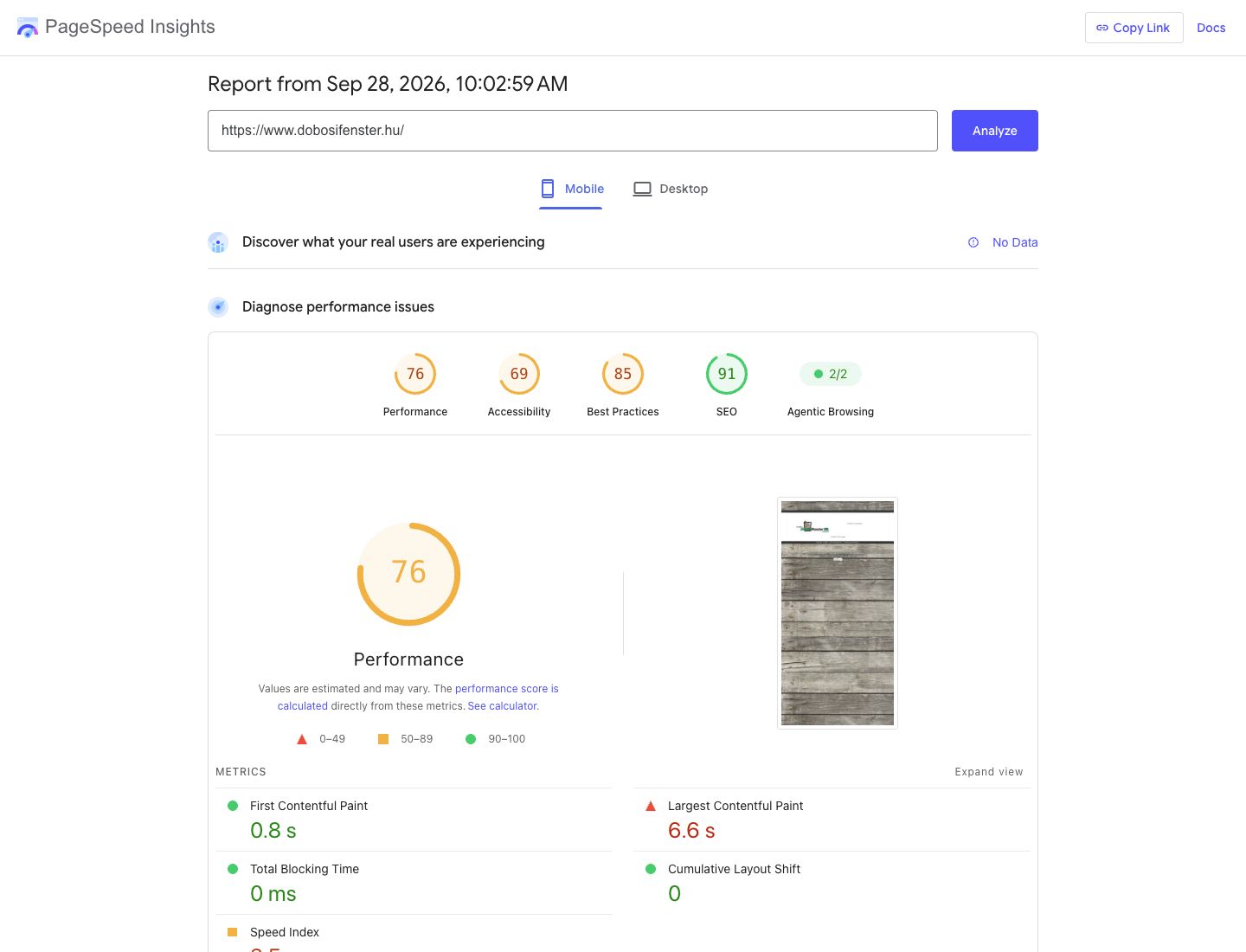 Eredeti mobil PageSpeed mérés